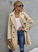 Fashion Women Trench Coat Solid Color Casual Fashion Coat Long Lapel Neck Double Breasted Coat   1018 - TUZZUT Qatar Online Shopping