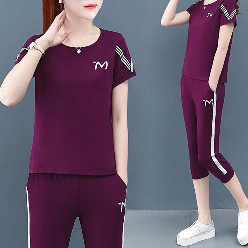 2 Pcs Women's Short Sleeve Letter/Number Pants Set S 387270 2 Pcs Women's Short Sleeve Letter/Number Pants Set S 387270