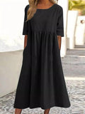 Women's Short Sleeve Solid Loose Waist O-Neck Comfortable Style Casual Summer Long Dress 5XL B-108260