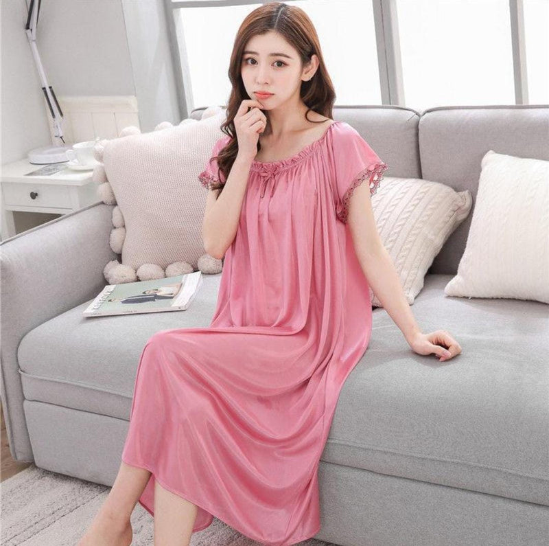 Long Nightdress Womens Lace Ice Silk Summer Short Sleeve Loose Nightgown S2438505 - Tuzzut.com Qatar Online Shopping