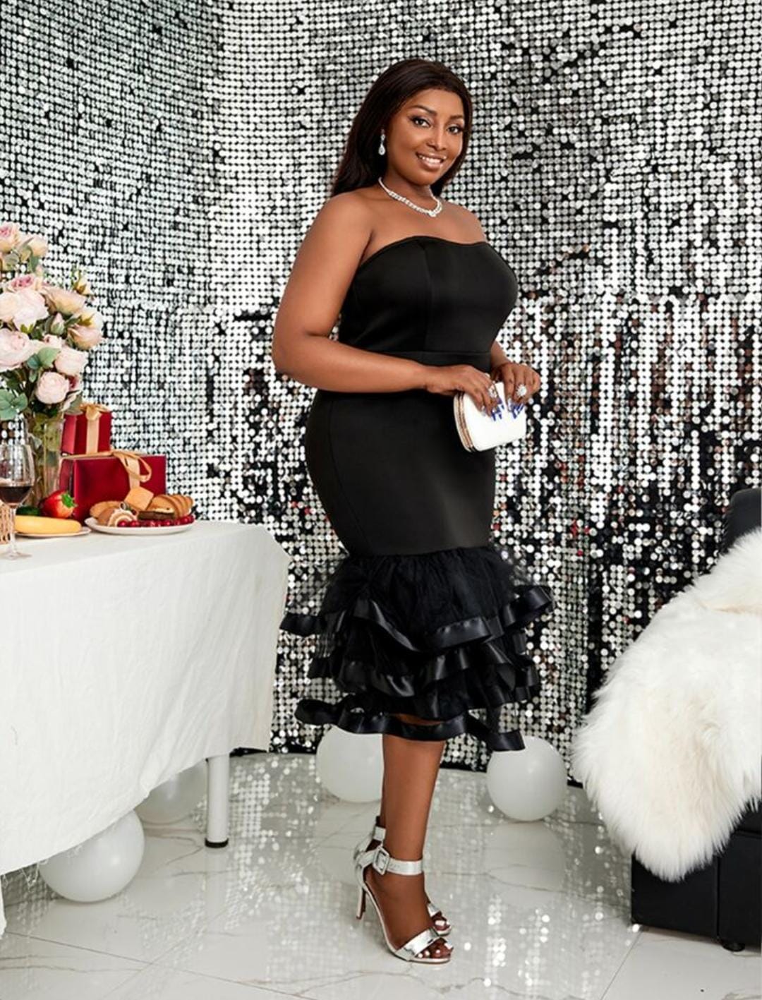 Plus Contrast Mesh Layered Hem Tube Dress L S2717539 Plus Contrast Mesh Layered Hem Tube Dress L S2717539