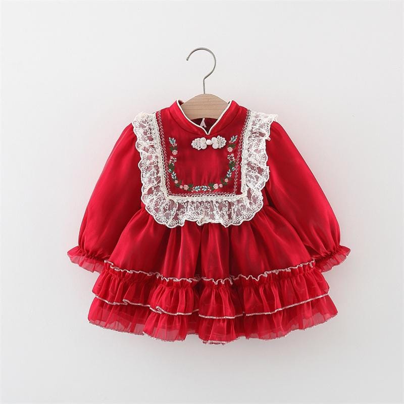 Girls' Neck Embroidered Ruffle Edge Pleated Long sleeved Princess Dress 1515832 Girls' Neck Embroidered Ruffle Edge Pleated Long sleeved Princess Dress 1515832