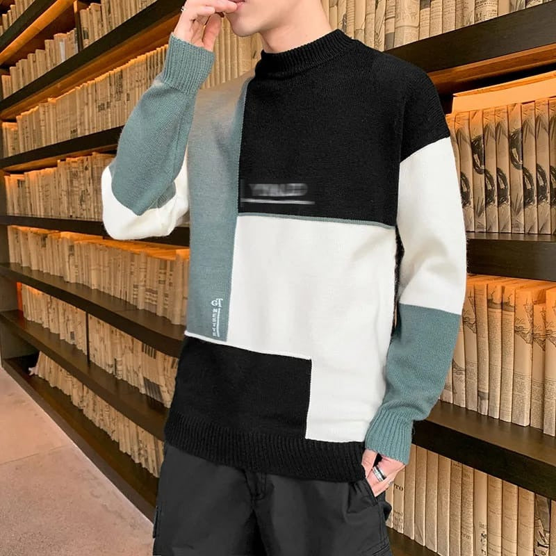 New Men Pullover Fashion O-Neck Autumn Winter Knit Patchwork Striped Male thick Sweater Casual Jumpers Outwear Full Sweater X3806499 - Tuzzut.com Qatar Online Shopping