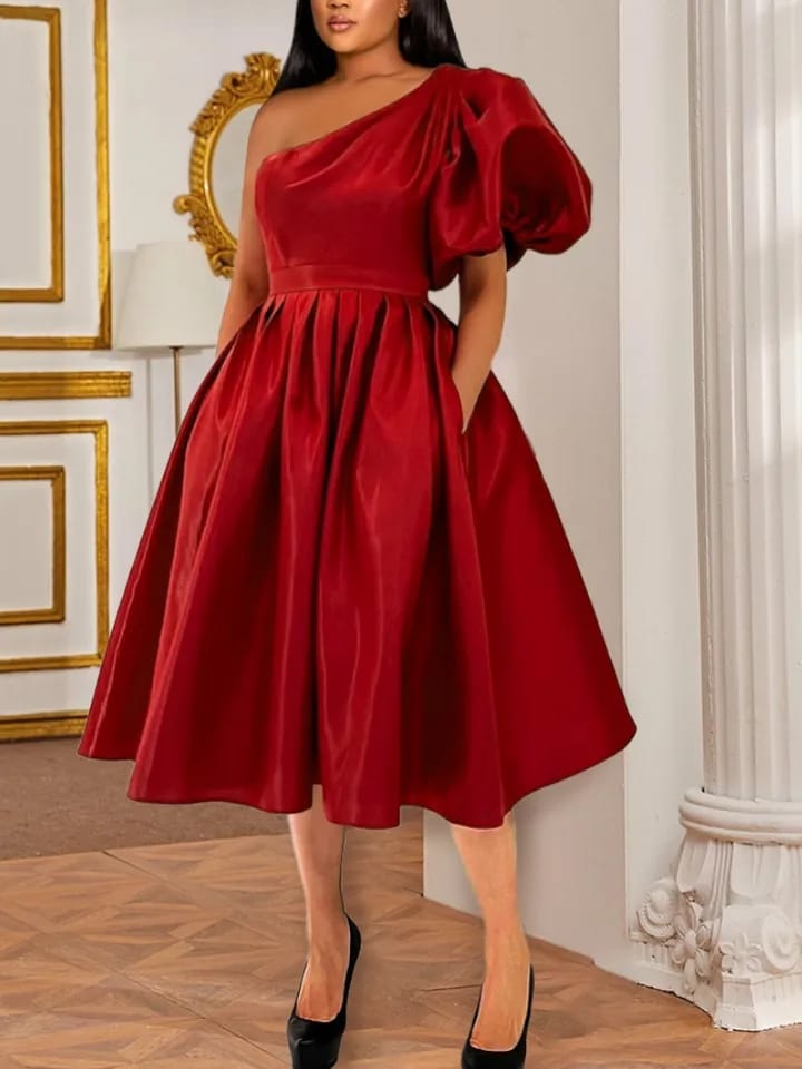 AOMEI Party Dress Women One Shoulder Red Midi Pleated Robes Short Lantern Sleeve Fit and Flare Elastic Summer Gowns S4618226