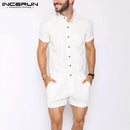 INCERUN Striped Men Rompers Breathable Stand Collar Short Sleeve Joggers Playsuits Streetwear Fashion Men Jumpsuits Shorts S2349186 - Tuzzut.com Qatar Online Shopping