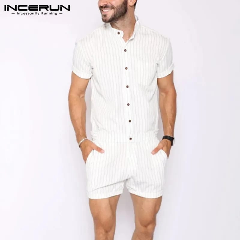 INCERUN Striped Men Rompers Breathable Stand Collar Short Sleeve Joggers Playsuits Streetwear Fashion Men Jumpsuits Shorts S2349186 INCERUN Striped Men Rompers Breathable Stand Collar Short Sleeve Joggers Playsuits Streetwear Fashion Men Jumpsuits Shorts S2349186