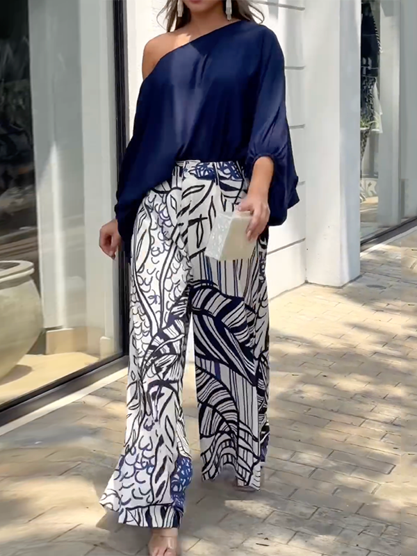 Loose Puff Sleeves Solid Color Off-The-Shoulder Blouses& Printed Pants Two Pieces Set M 132821