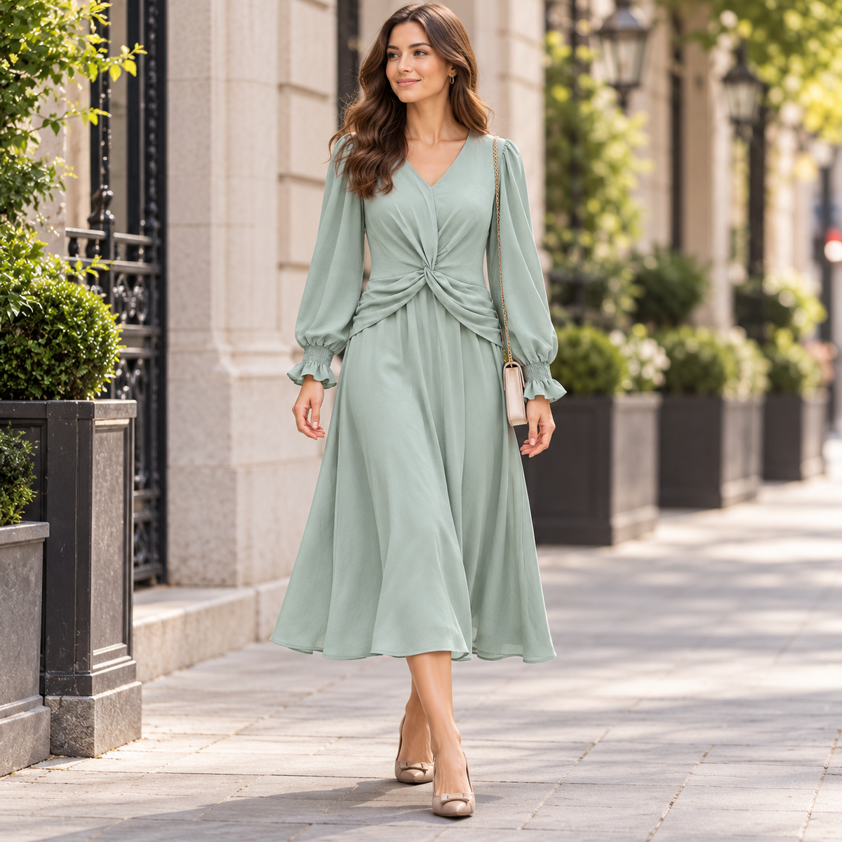 Mint Green Twist-Waist Long-Sleeve Maxi Dress MC-A31