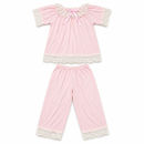 Women's Light Pink Lace Trim Short Sleeve Top & Capri Pants Pajama Set – 2 Pieces