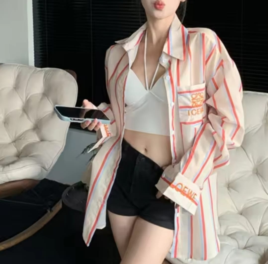 Korean Striped Long Sleeve Blouse Coat L9600 Korean Striped Long Sleeve Blouse Coat L9600