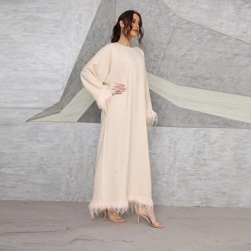 Spring New Robe Femme Musulmane Feather Long Sleeve Arab Muslim Dress Women Elegant Round Neck Abayas For Women L 070508700 - Tuzzut.com Qatar Online Shopping