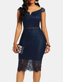 V-neck Lace Off-shoulder Dress Back Zipper Women Sexy Party Dress    S3833490 - TUZZUT Qatar Online Shopping