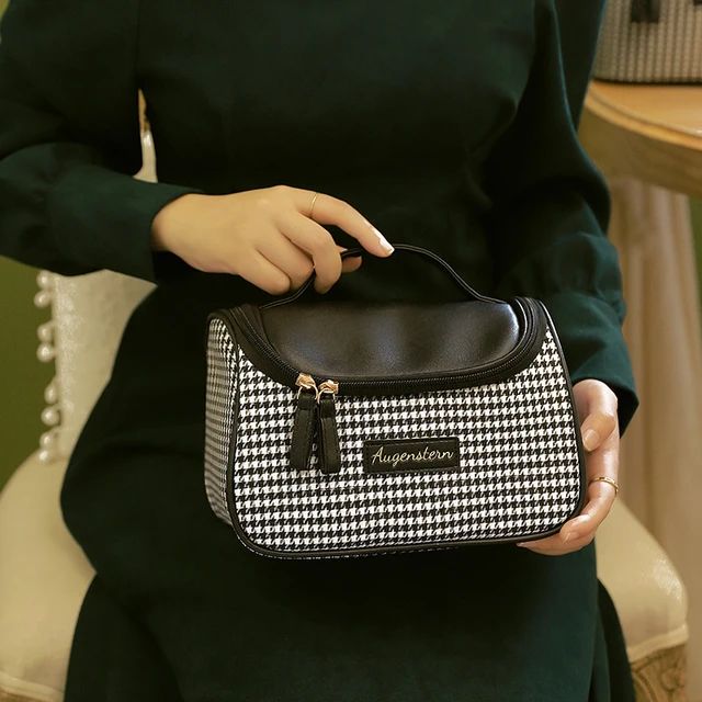 New PU Houndstooth Cosmetic Bag Women Portable Toiletry Makeup Case S4619082