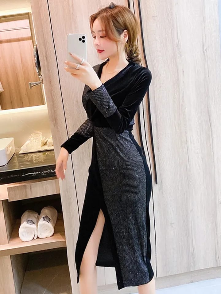 Fashion Autumn Velvet Sexy Maxi Dress Long Sleeve Split Party Gown M B-31665 - Tuzzut.com Qatar Online Shopping