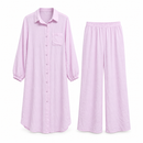 Pale Lilac Button-Front Long Shirt & Wide-Leg Trousers Set MC-A32