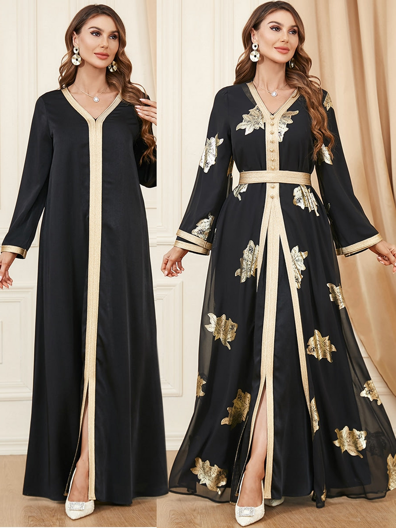 2 Pcs Women's Long Sleeve Abstract Pattern Abaya S 389459