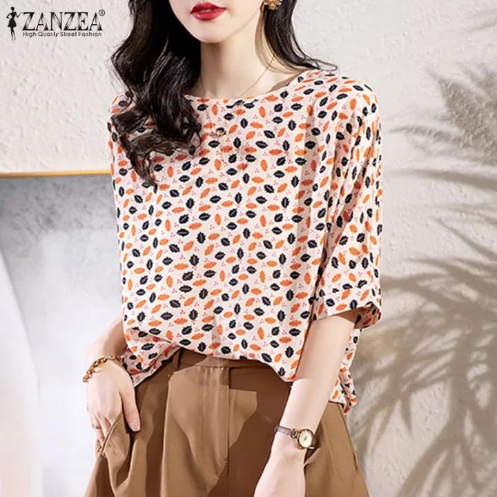 ZANZEA Women Round Neck Printed Commute Tops Shirt Office Lady Short Sleeve Blouse S4635528 - Tuzzut.com Qatar Online Shopping