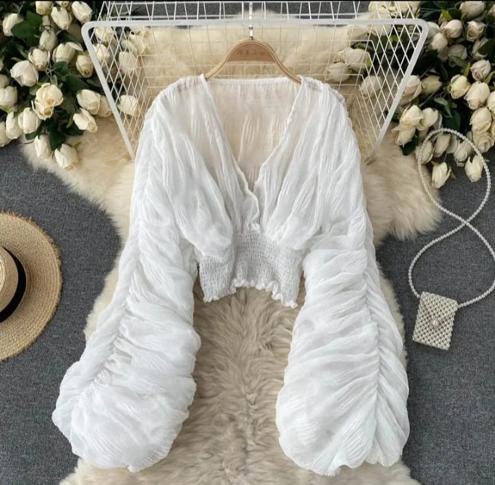 Summer Sexy Draped Chiffon Blouse for Women Elegant V-Neck Puff Long Sleeve Short Tops Female Slim Party Shirts   S5015845 - TUZZUT Qatar Online Shopping