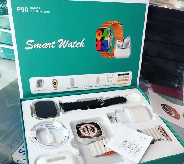 P90 Unique Combination smartwatch with 3 straps Bluetooth earphone, External Battery and Adaptor charger Combo