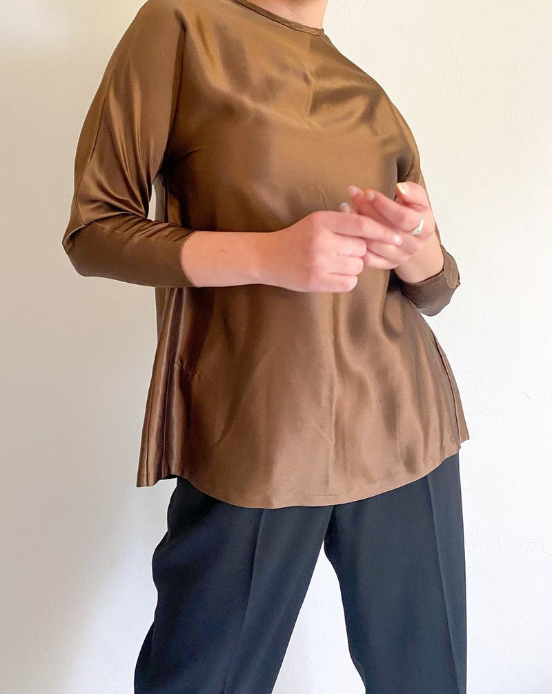 ZANZEA Vintage Copper Brown Silk Blouse S4405904 - Tuzzut.com Qatar Online Shopping