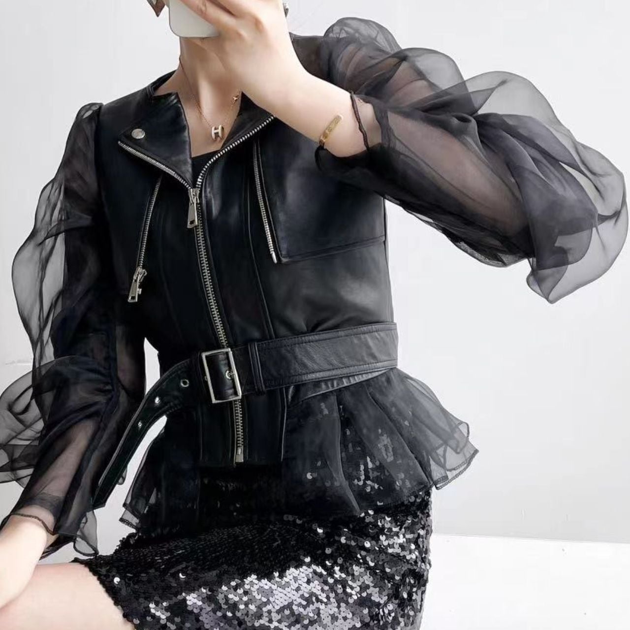 Black Mesh Double Sleeves Jacket with Zipper and Tulle Hem S5069757 - Size M Black Mesh Double Sleeves Jacket with Zipper and Tulle Hem S5069757 - Size M