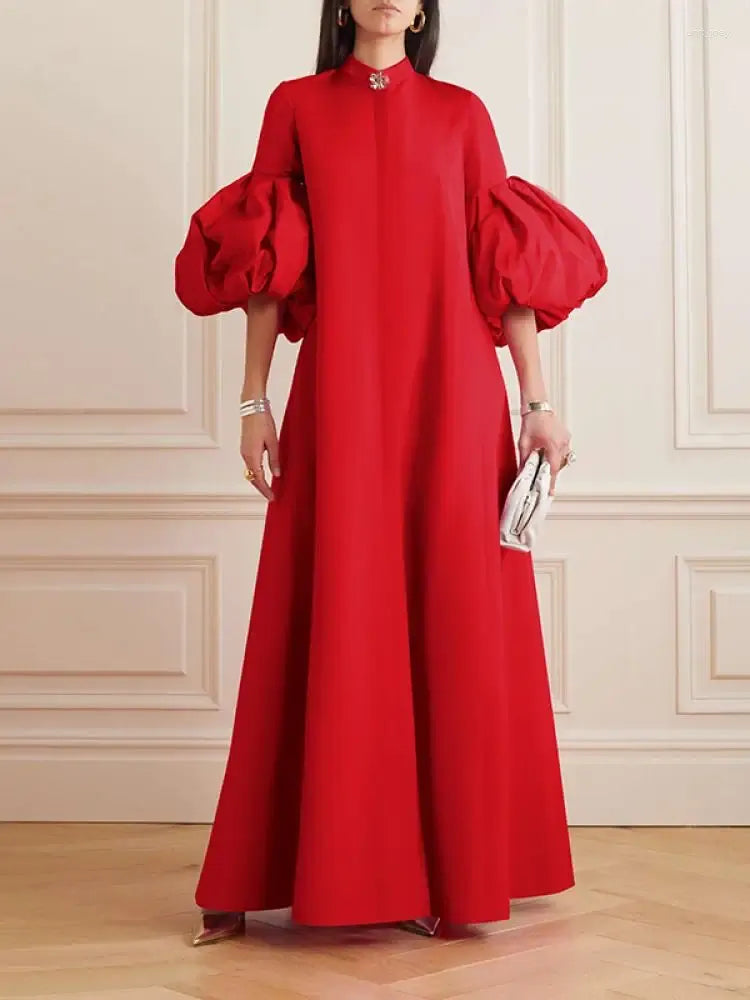Loose Flower Shape Solid Color Stand Collar Lantern Sleeves Maxi Dresses 126174 Loose Flower Shape Solid Color Stand Collar Lantern Sleeves Maxi Dresses 126174
