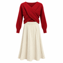 Women’s Red Crossover Knit Sweater & Ivory Maxi Skirt Set-D3