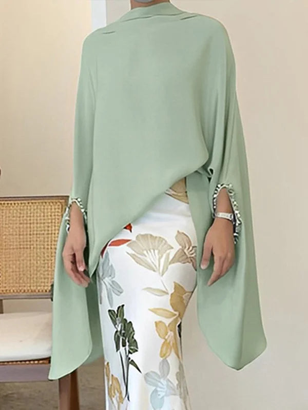 2pcs Batwing Sleeves Irregular Clipping Solid Color Stand Collar Blouses&Floral Printed Skirts 121695