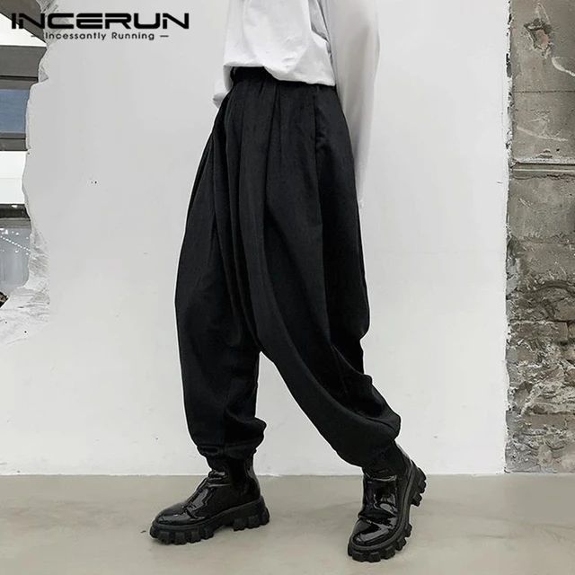 INCERUN New Fashion Men Pants Baggy Elastic Waist Solid Pleated Trousers Men Streetwear Harem Pants S4344400 - Tuzzut.com Qatar Online Shopping