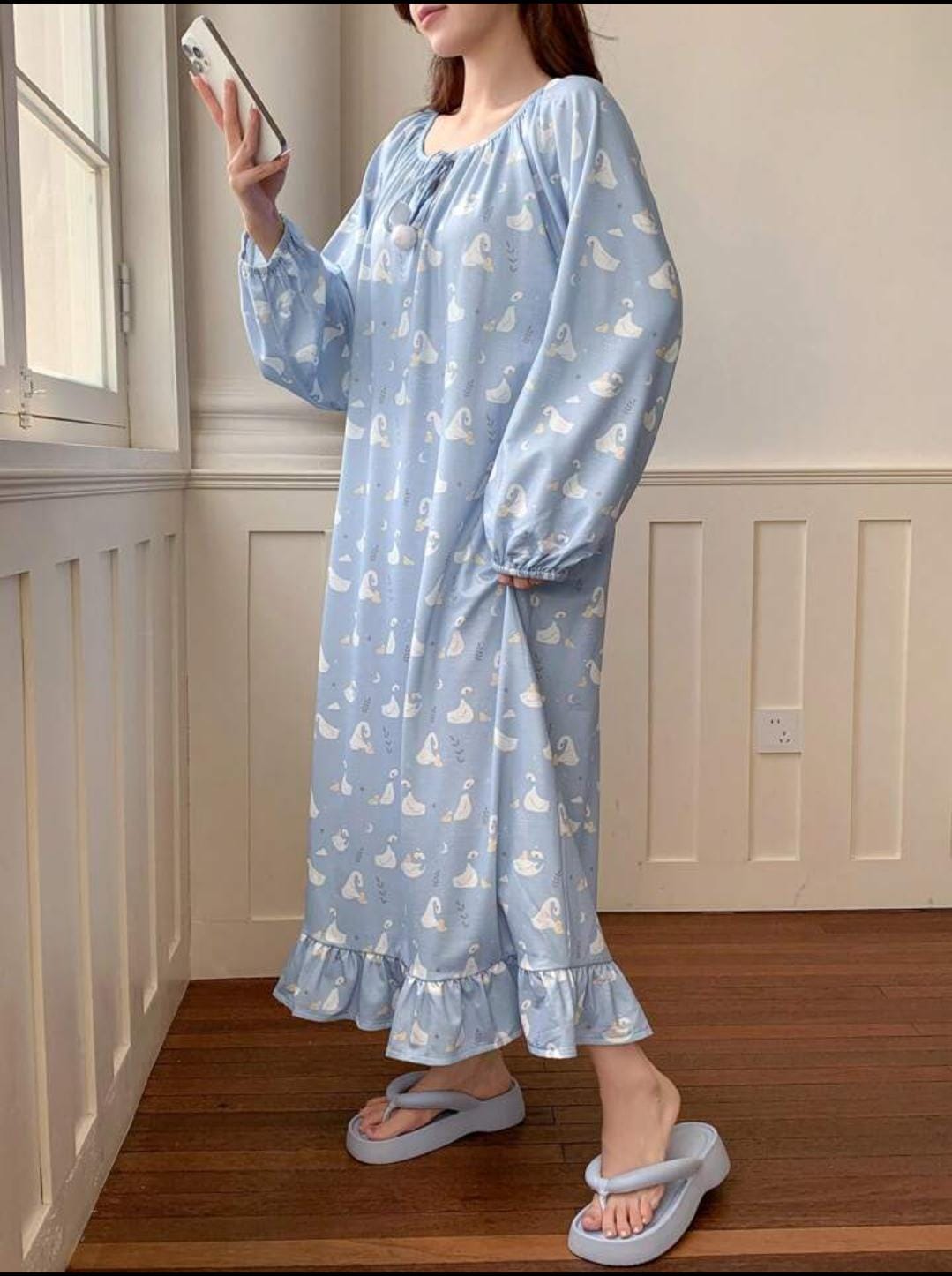 Cute Cartoon Loose Drawstring Neck Ruffle Trim Nightgown 608502 Cute Cartoon Loose Drawstring Neck Ruffle Trim Nightgown 608502