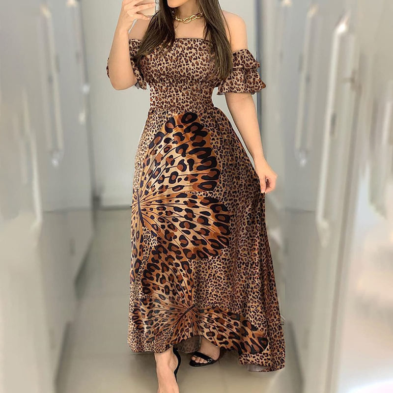 Woman Leopard Print Strapless Dresses Hot Short Sleeve Off Shoulder Beach Long Dress XL S2079504