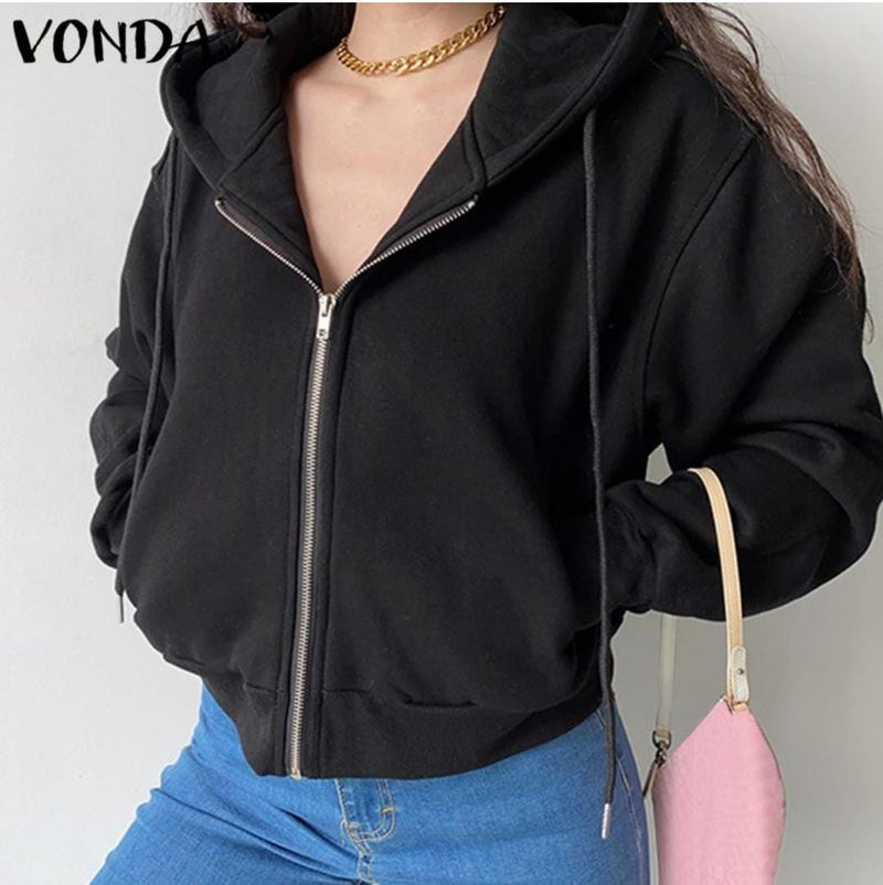 VONDA Spring Women Zipper-Up Sweatshirt Hooded S4384774