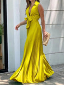 Women Deep V Neck Long Sleeve Pleated Jumpsuit 113697 - TUZZUT Qatar Online Shopping