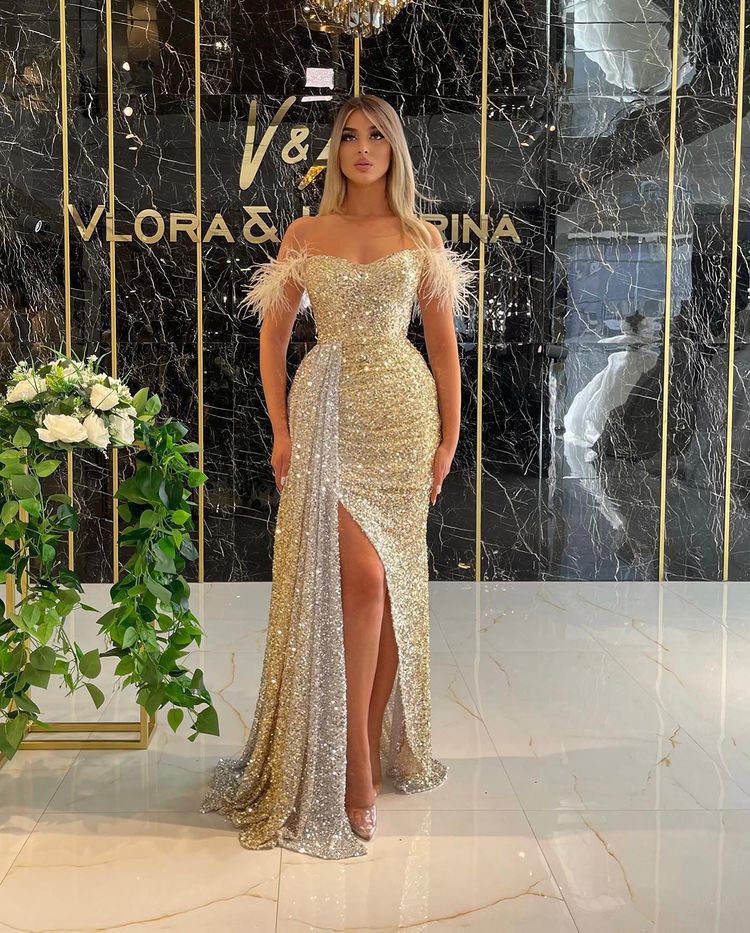 Luxury Floor Length Dresses For Women Wedding Party Clothes Split Strapless Sequins Long Evening Gowns Female Gold Summer L 070208710 - Tuzzut.com Qatar Online Shopping