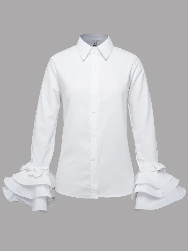 Flared Sleeves Bow-Embellished Falbala Solid Color Lapel Blouses&Shirts Tops 115238 Flared Sleeves Bow-Embellished Falbala Solid Color Lapel Blouses&Shirts Tops 115238