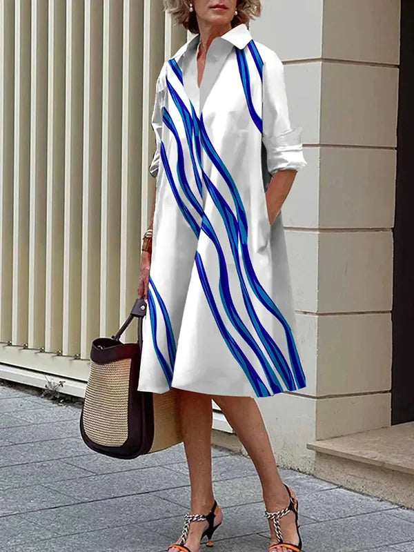 Loose Three-Quarter Sleeves Buttoned Striped Lapel Collar Midi Dresses M 125793 Loose Three-Quarter Sleeves Buttoned Striped Lapel Collar Midi Dresses M 125793