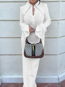 Skinny Feathers Slightly Sheer Split-Joint Lapel Maxi Dresses S 127939 - TUZZUT Qatar Online Shopping