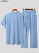 INCERUN Men Sets Solid Summer Lapel Short Sleeve Shirt & Drawstring Pants 2PCS Streetwear Korean Men Casual Suits S S4630766 - Tuzzut.com Qatar Online Shopping