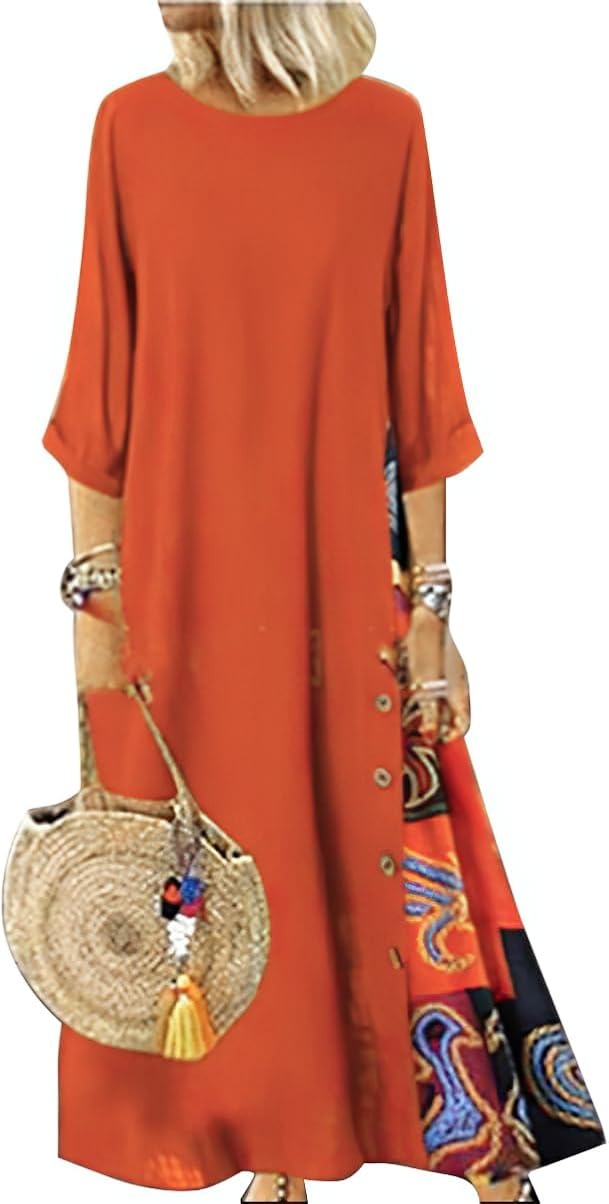 Women's Dress 3/4 Sleeve  Floral Print O-Neck Button Plus AS-2123 - TUZZUT Qatar Online Shopping