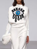 Long Sleeves Loose Applique Embroidered Figure Printed Mock Neck T-Shirts Tops L 125005 - TUZZUT Qatar Online Shopping