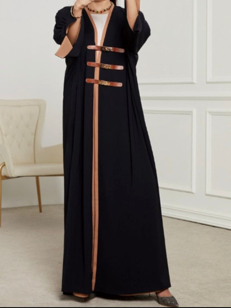 Leather Buckle Open Kimono Abaya Women Long Sleeve Dress 503498