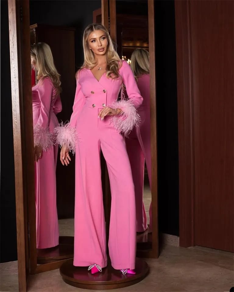 Ostrich Feather Women Suits 2 Pieces Sexy V Neck Blazer Jacket+Wide Leg Pants Formal Office Party Prom Dress 3XL 027244616 - Tuzzut.com Qatar Online Shopping