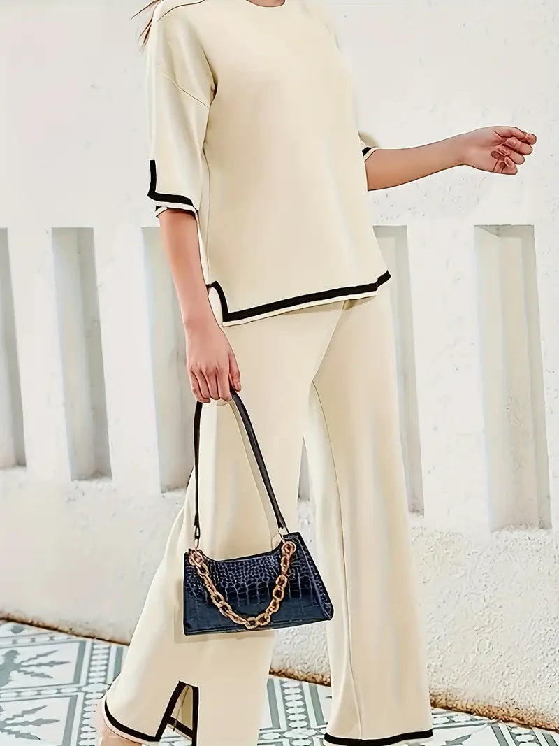 Short Sleeve Knit Pullover Top High Waist Wide Leg Pant 54804 - TUZZUT Qatar Online Shopping