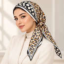 Women's Beige & Navy Leopard Print Satin-Look Headscarf with Black & White Border