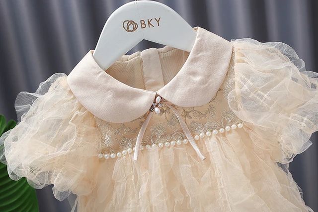 Girls Dress Peter Pan Collar Tulle Party Kids Princess Dresses for Baby Clothes with Pearls S4073253 - Tuzzut.com Qatar Online Shopping