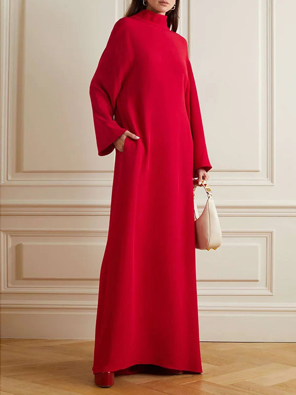 Long Sleeves Hollow Pockets Solid Color High-Neck Evening Dresses 126766