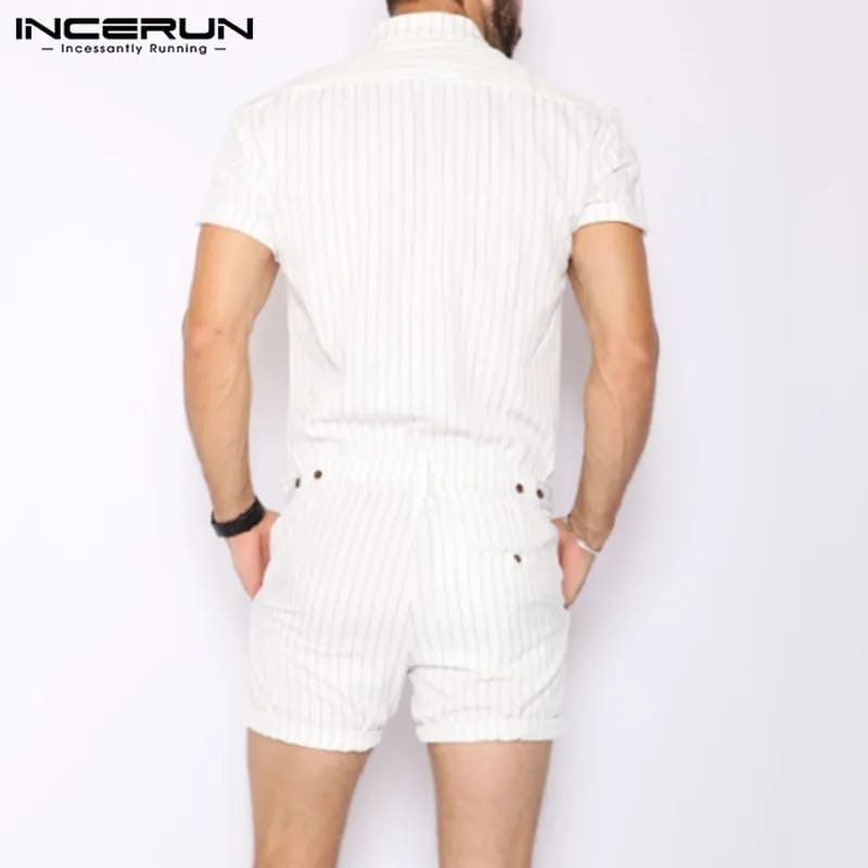INCERUN Striped Men Rompers Breathable Stand Collar Short Sleeve Joggers Playsuits Streetwear Fashion Men Jumpsuits Shorts S2349186 INCERUN Striped Men Rompers Breathable Stand Collar Short Sleeve Joggers Playsuits Streetwear Fashion Men Jumpsuits Shorts S2349186