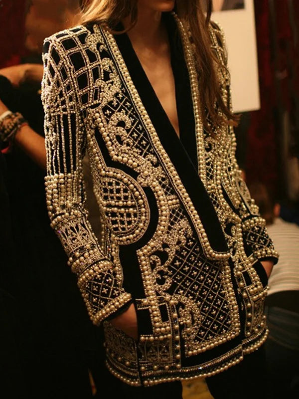 Original Creation Loose Long Sleeves Beads Printed V-Neck Blazer Outerwear 111148 Original Creation Loose Long Sleeves Beads Printed V-Neck Blazer Outerwear 111148