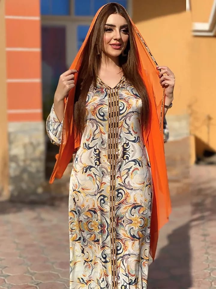 Eid Print Arabian Jalabiya Long Dress Women Sequins Moroccan Party Caftan Islam Dubai Oman Gulf Gown Abaya Muslim Ramadan Kaftan 2XL S4427644 - Tuzzut.com Qatar Online Shopping