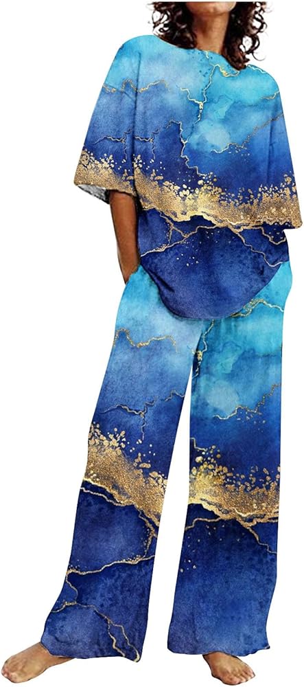 Women 2 Piece Short Sleeve Printed Top and Straight Leg Trousers 0701497 Women 2 Piece Short Sleeve Printed Top and Straight Leg Trousers 0701497